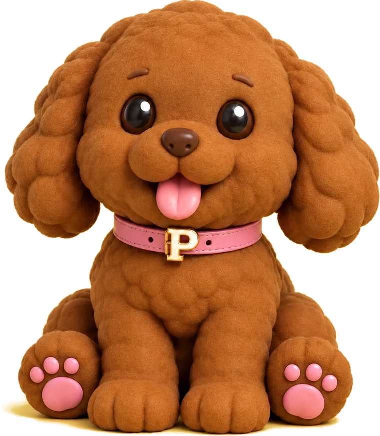 Pixie, the Propix studio mascot, a toy poodle wearing a collar with a gold P tag