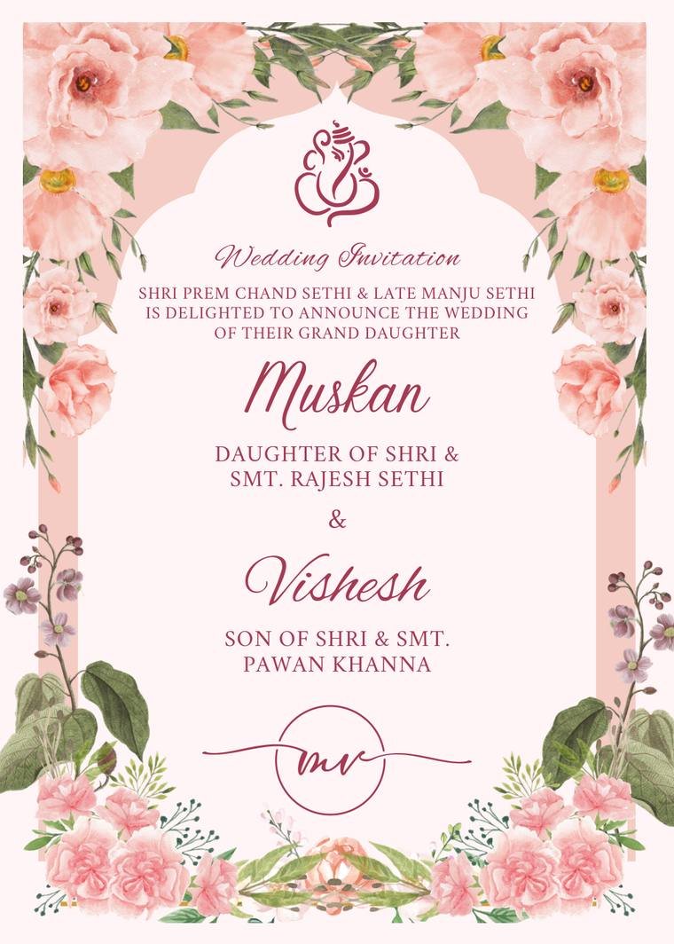Blush floral wedding invitation card designed by Propix Jaipur, with watercolour roses and a scalloped arch