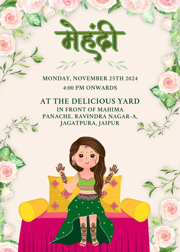 Mehndi ceremony card with hand-drawn illustration, part of a wedding invitation suite by Propix Jaipur
