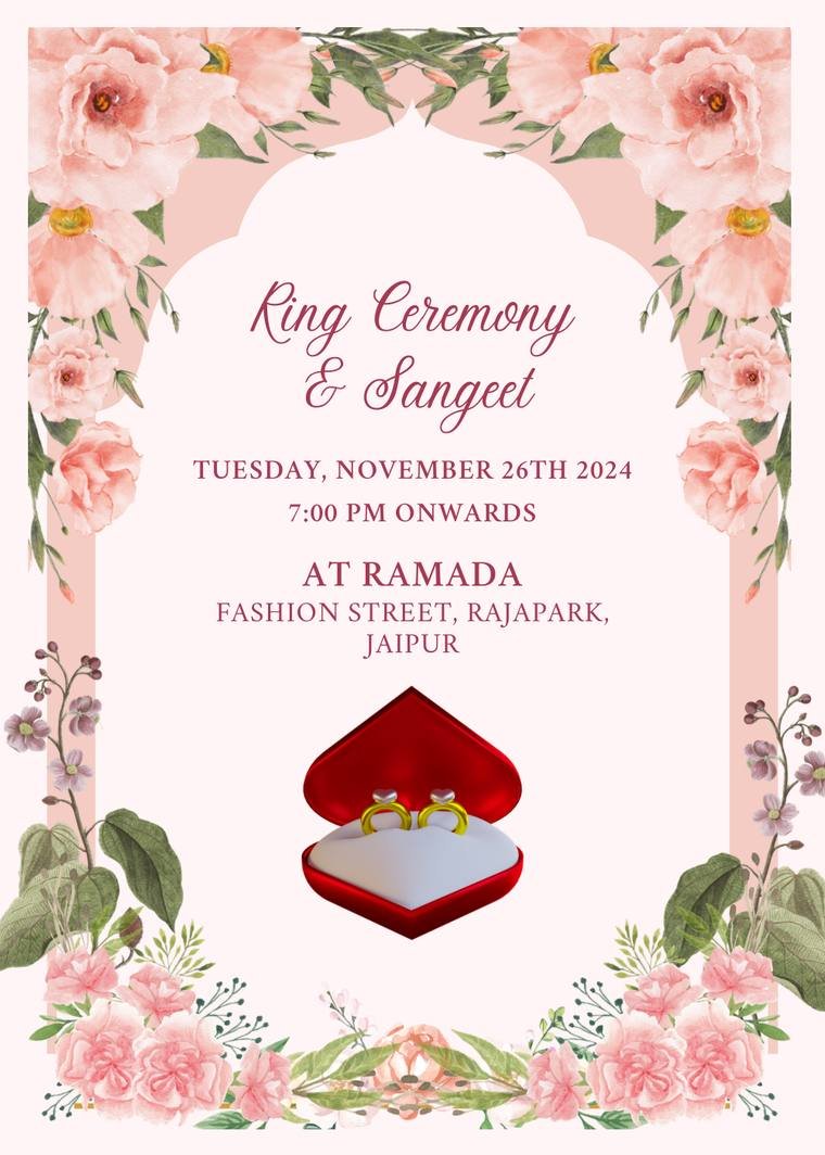 Ring ceremony and sangeet invitation card in blush pink and maroon, designed in Jaipur by Propix