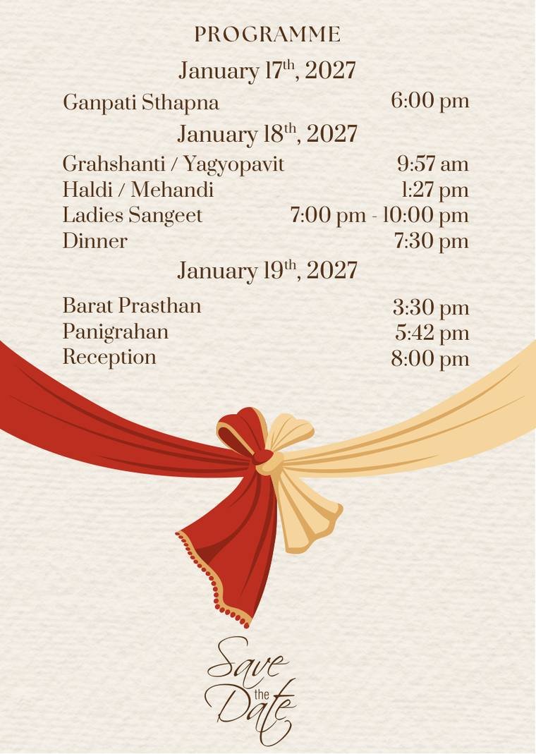 Wedding programme card with red and gold dupatta illustration by Propix Jaipur