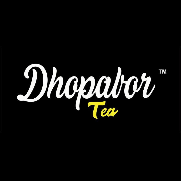 Dhopabor Tea logo, a white script wordmark on black with a gold accent, by Propix