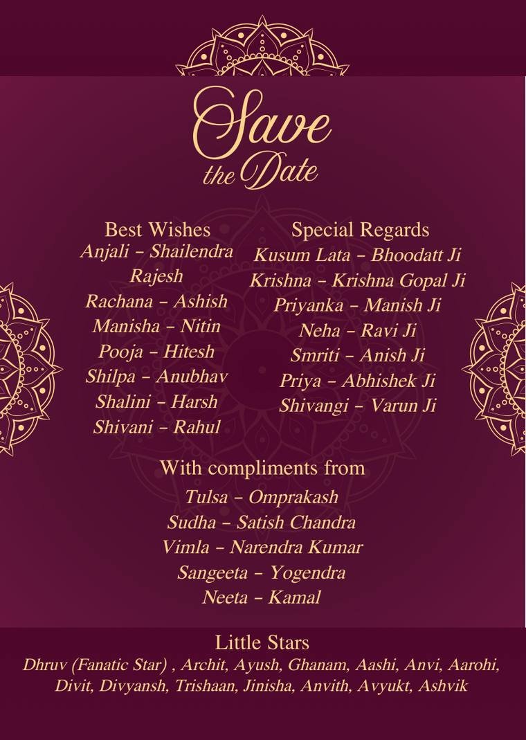 Save the date card listing family names, gold on plum, wedding stationery by Propix