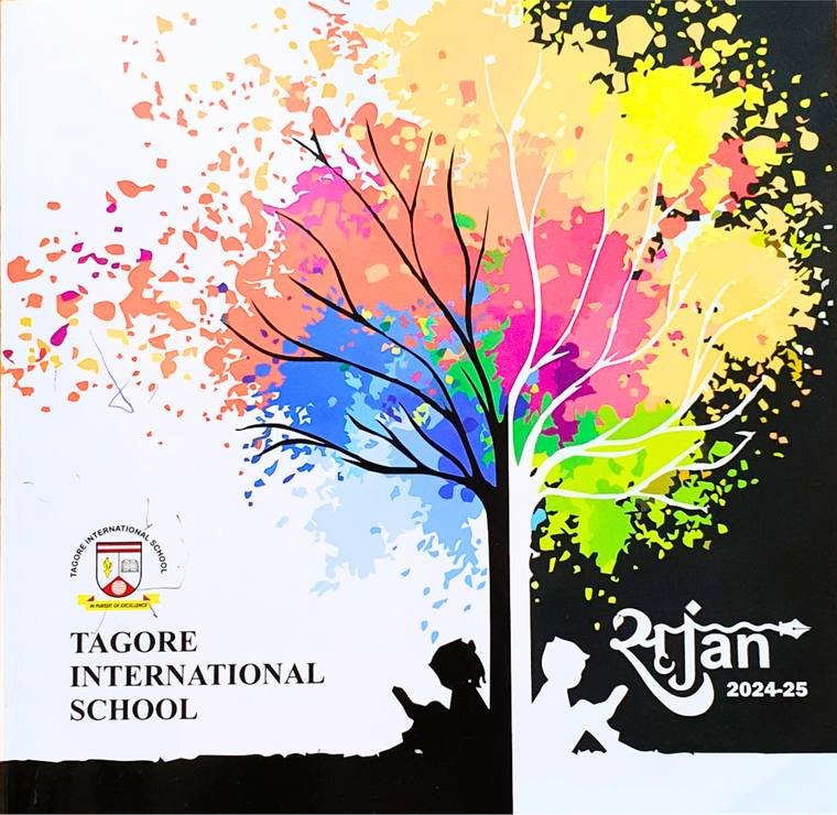 Srijan 2024-25 magazine cover with a paint splash tree illustration, designed by Propix Jaipur